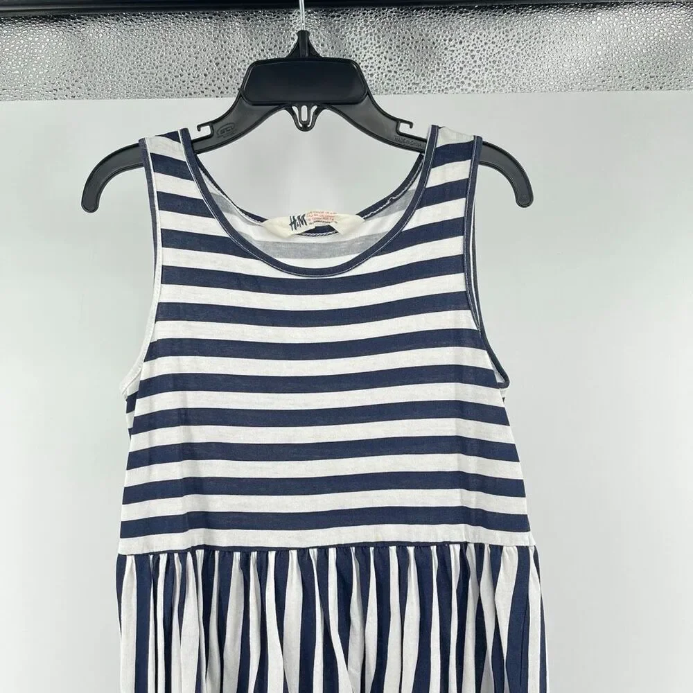 H&M Girls Striped Sleeveless Tank Dress 6-8Y Navy White Cotton Sundress
